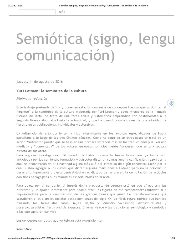 Semiótica (Signo, Lenguaje, Comunicación) - Yuri Lotman - La Semiótica