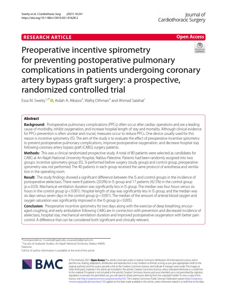 Role of Spirometry in Post CABG Pts PDF Coronary Artery Bypass