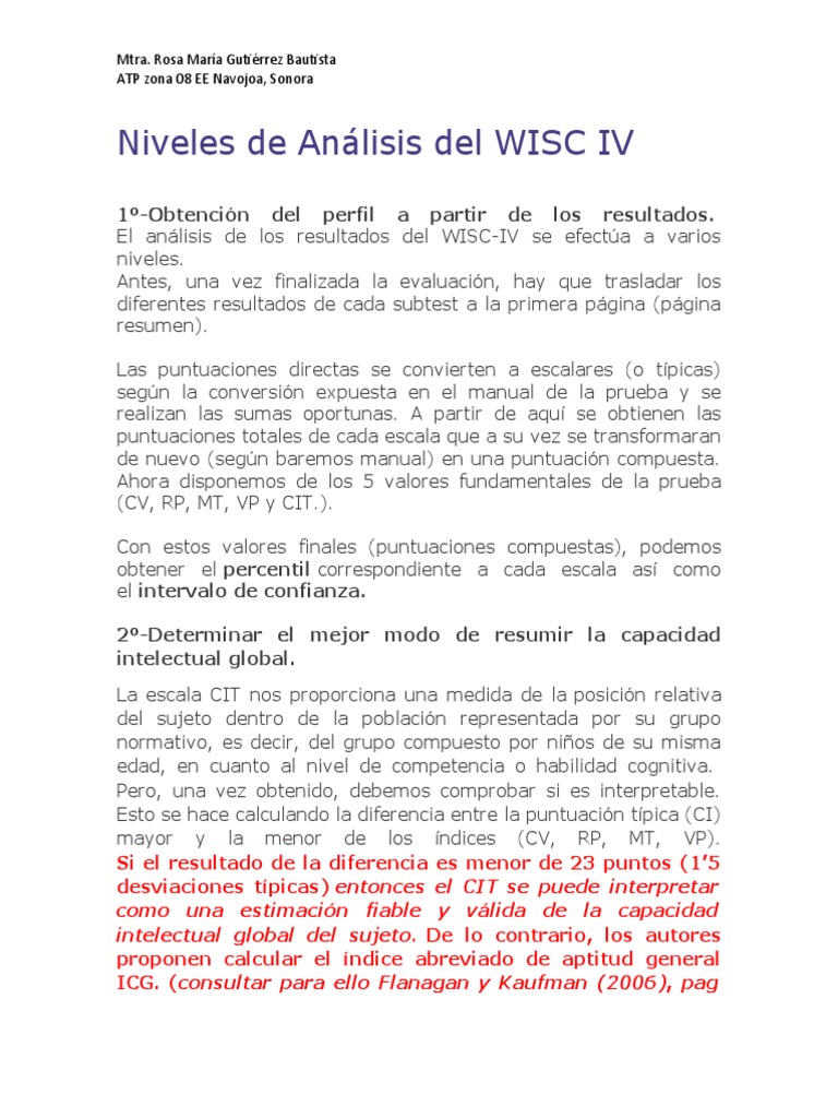 Niveles de Análisis Del WISC IV | PDF | Psicología cognitiva | Sicología