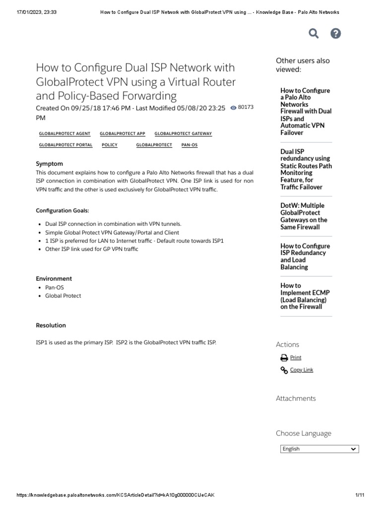 How to configure dual isp network with globalprotect vpn using a