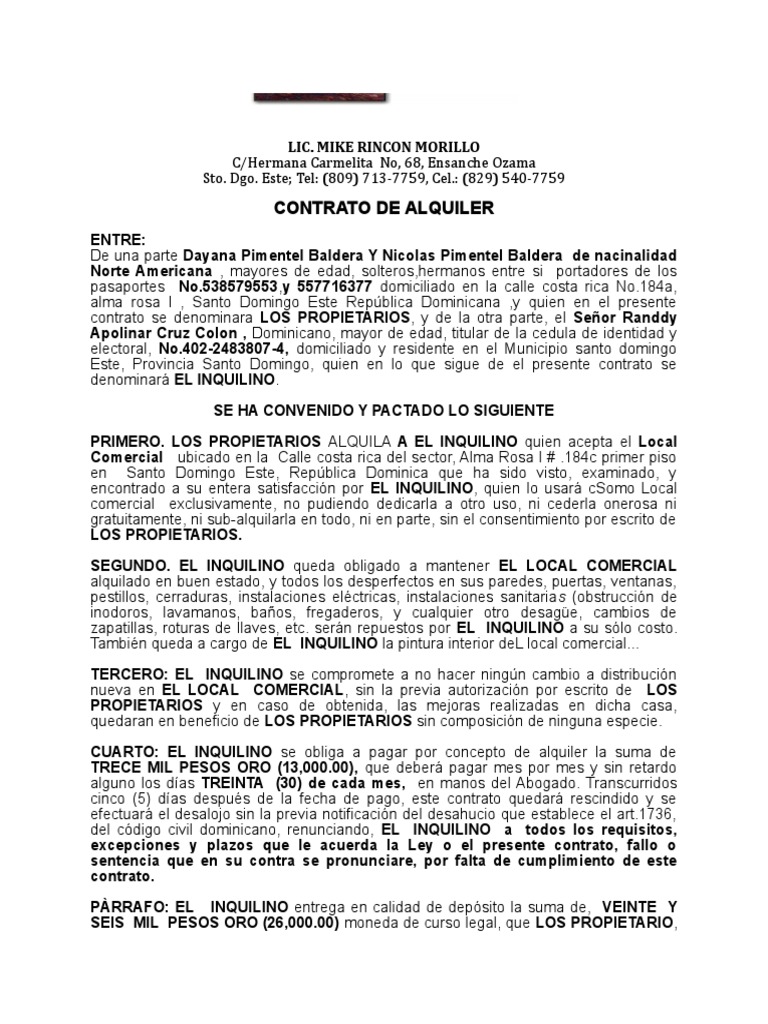 Contrato de Alquiler Local Primer Piso C COSTA RICA 184 PDF República Dominicana Desalojo