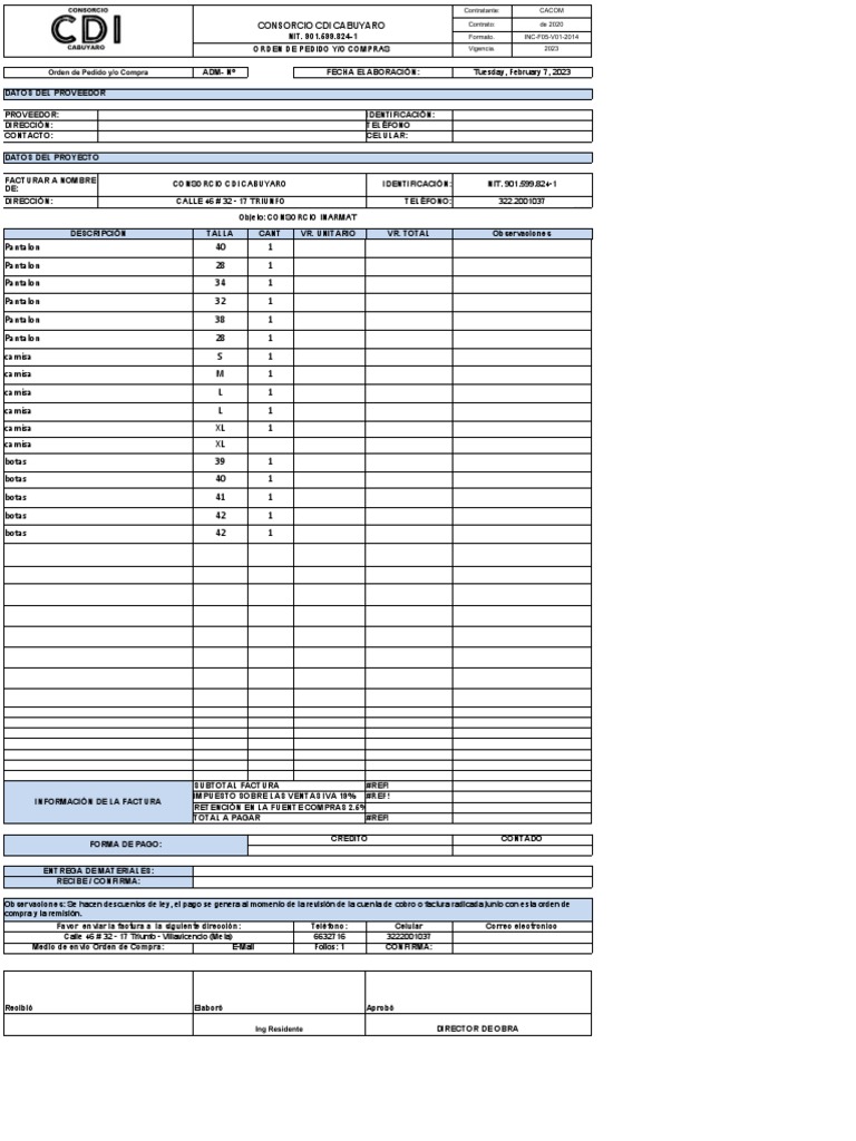 Orden de Compra Consorcio CDI Cabuyaro | PDF