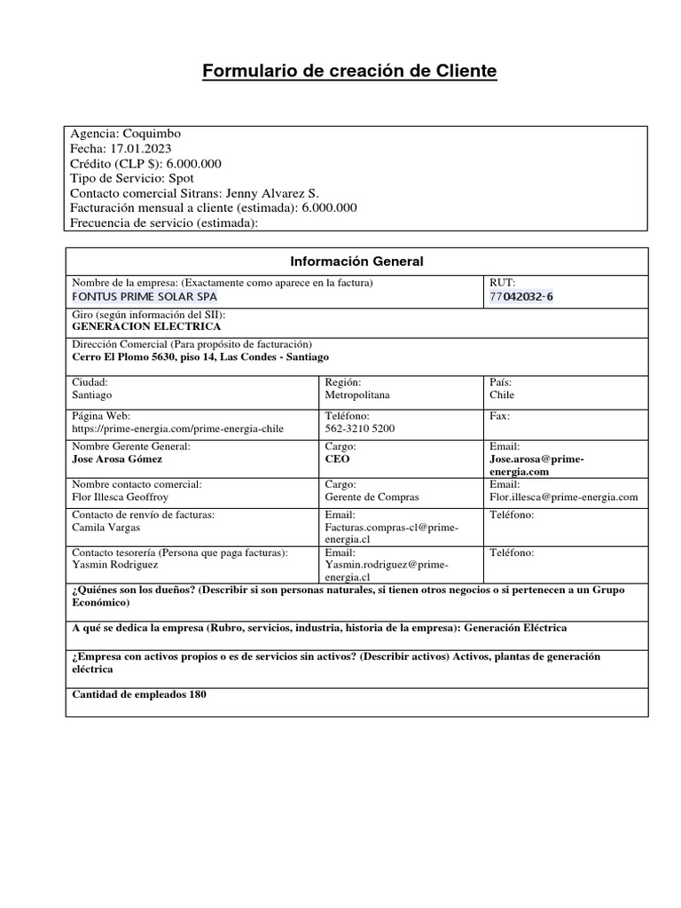 Formulario Cliente FONTUS PRIME SOLAR | PDF | Business | Industrias de ...