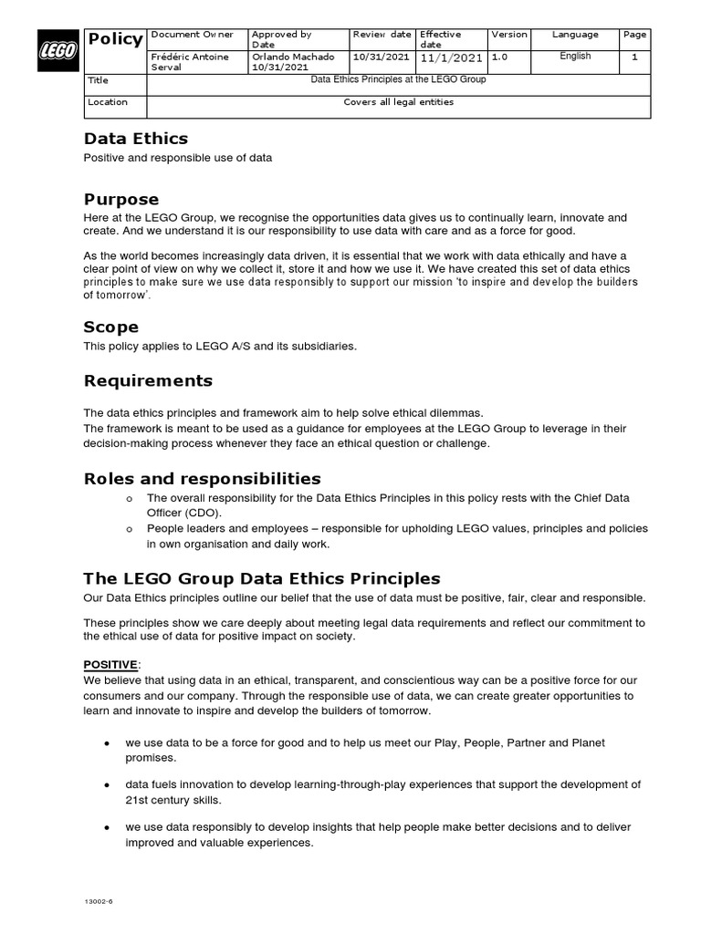LEGO Data Ethics Policy PDF Data Policy