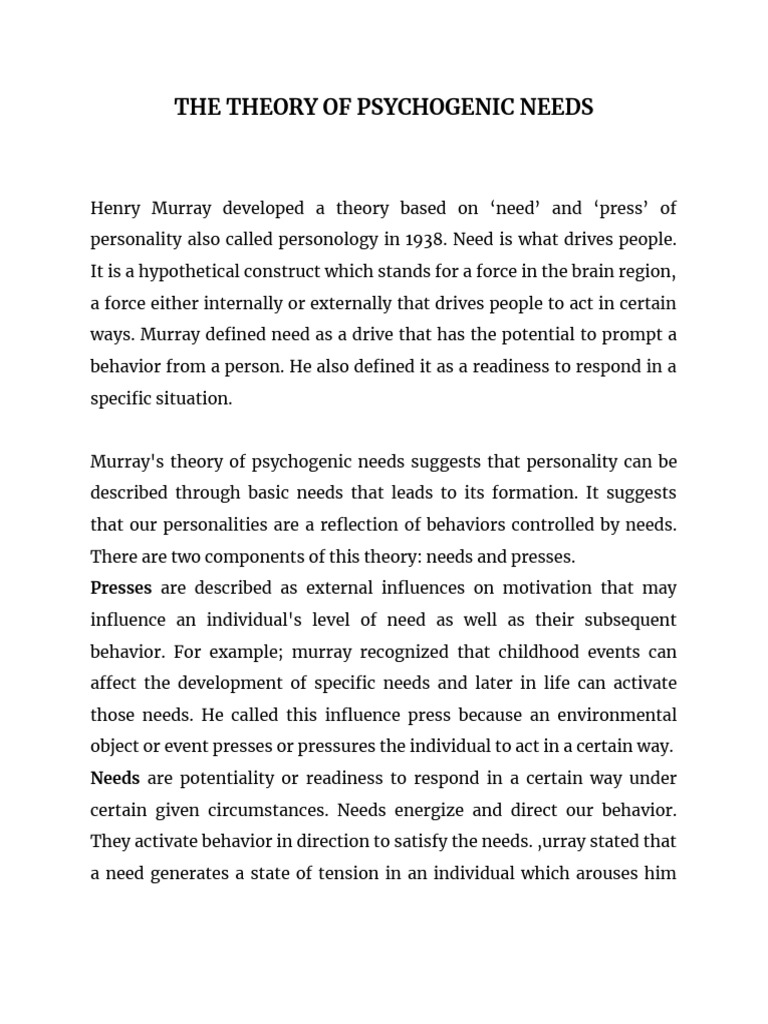 Need Theory (Revised) | PDF | Cognition | Behavior Modification