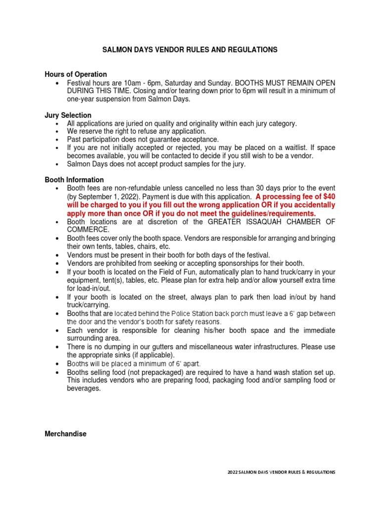 Salmon Days Vendor Rules and Regulations PDF Indemnity Justice