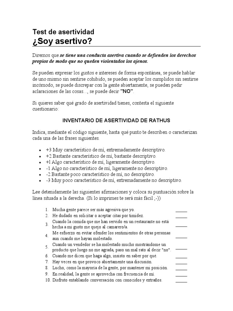 Test de Asertividad de Rathus | PDF | Relaciones personales, crianza y ...
