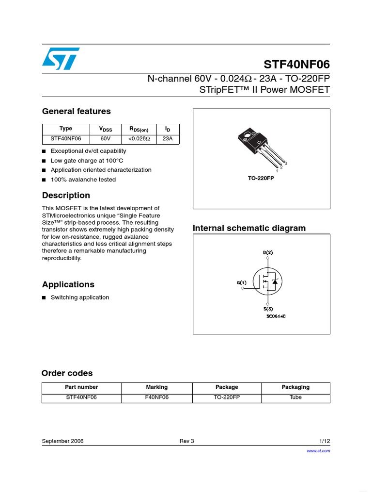 F40NF06 STMicroelectronics | PDF | Diode | Mosfet