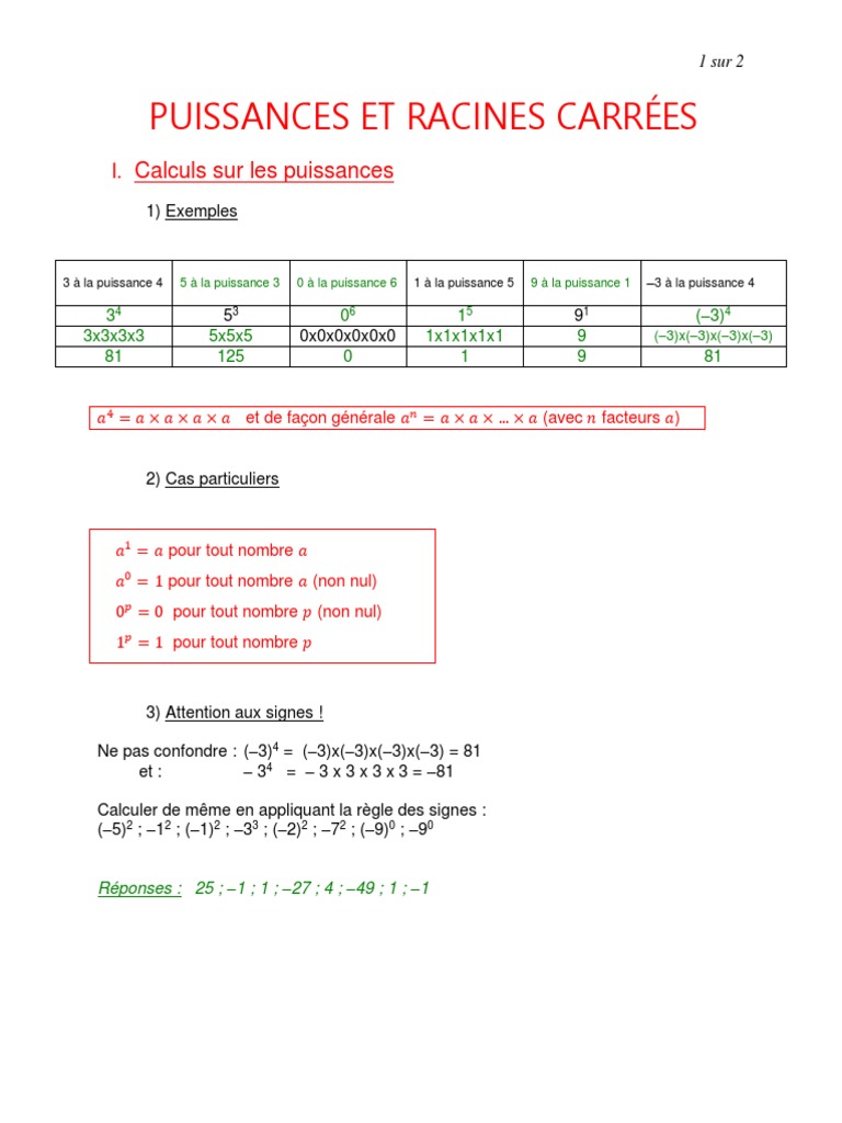 Puissances et Racines Carrées 2nde | PDF | Mathématiques ...