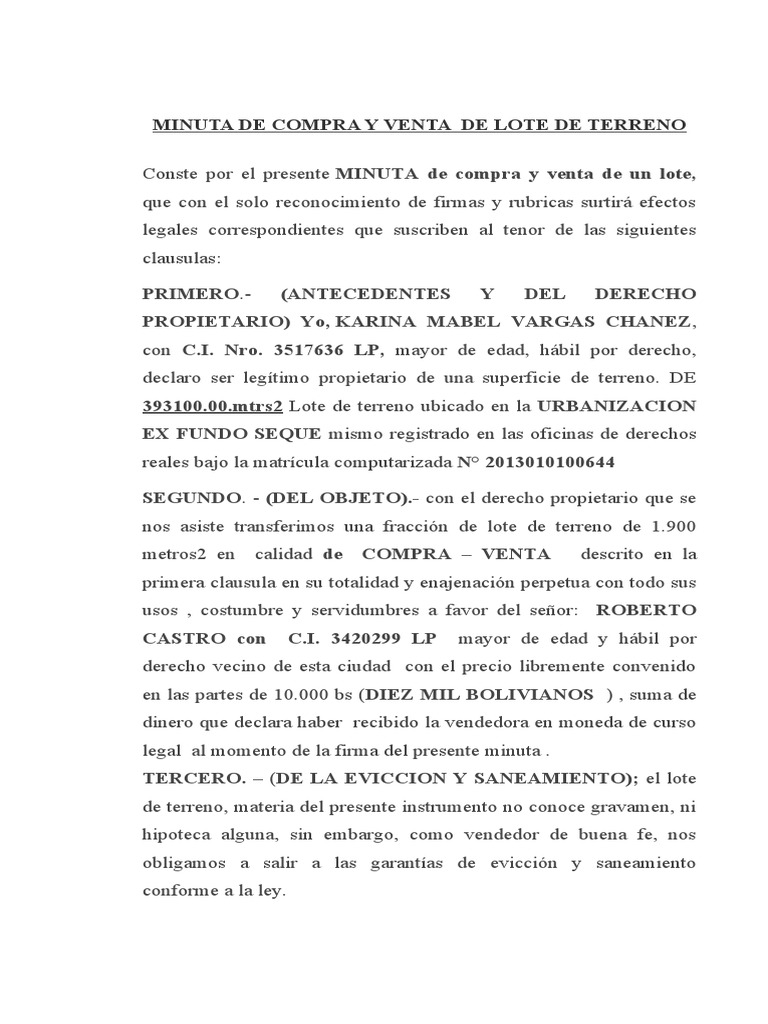 Minuta De Compra Y Venta De Lote De Terreno Pdf