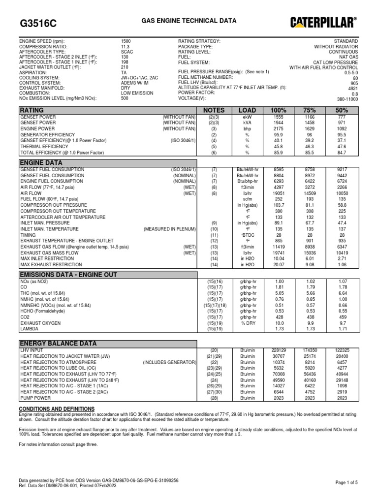 Gas Engine G3516C Technical Data | PDF | Engines | Atmosphere Of Earth