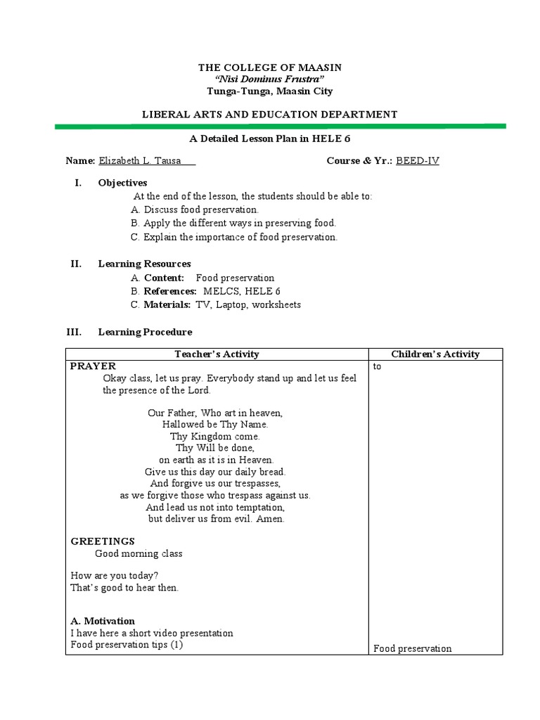 Grade 6 Food Preservation Lesson Plan | PDF | Food Preservation ...