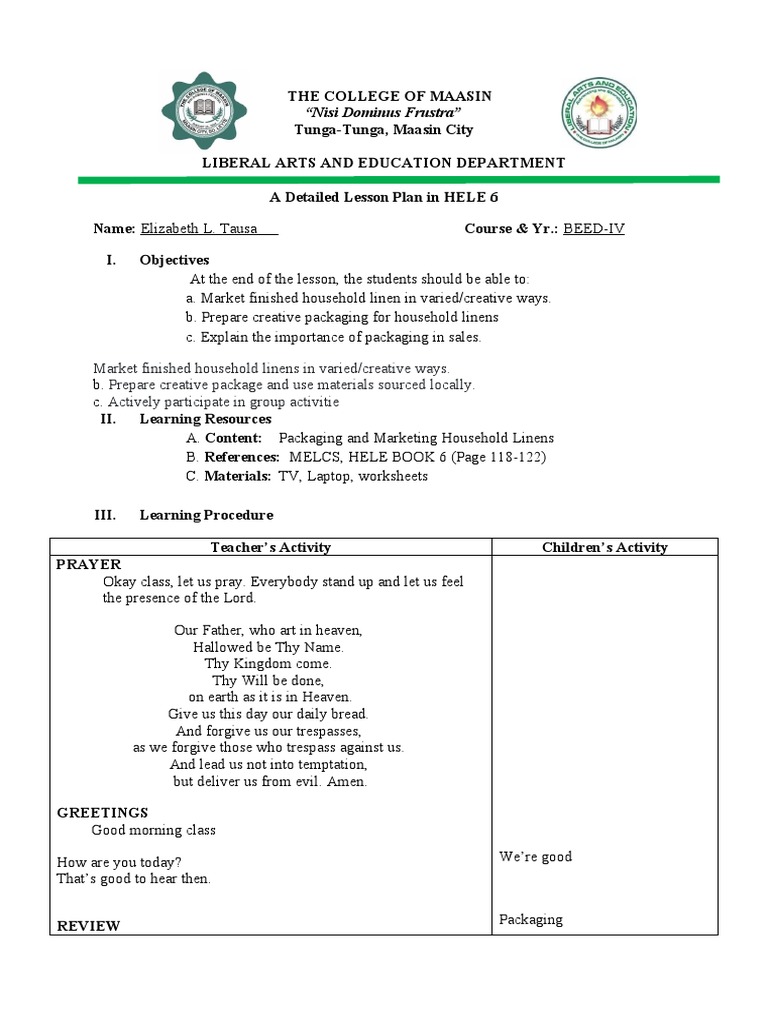 Packaging and Marketing Household Linens II GRADE 6 DLP PDF Sales
