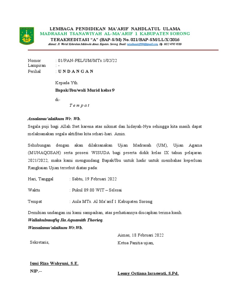 Undangan Rapat Kelas 9 | PDF