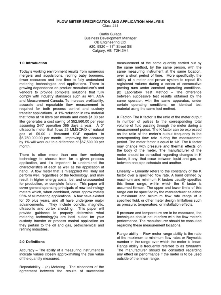 Flow Meter Spec & App | PDF | Flow Measurement | Fluid Dynamics