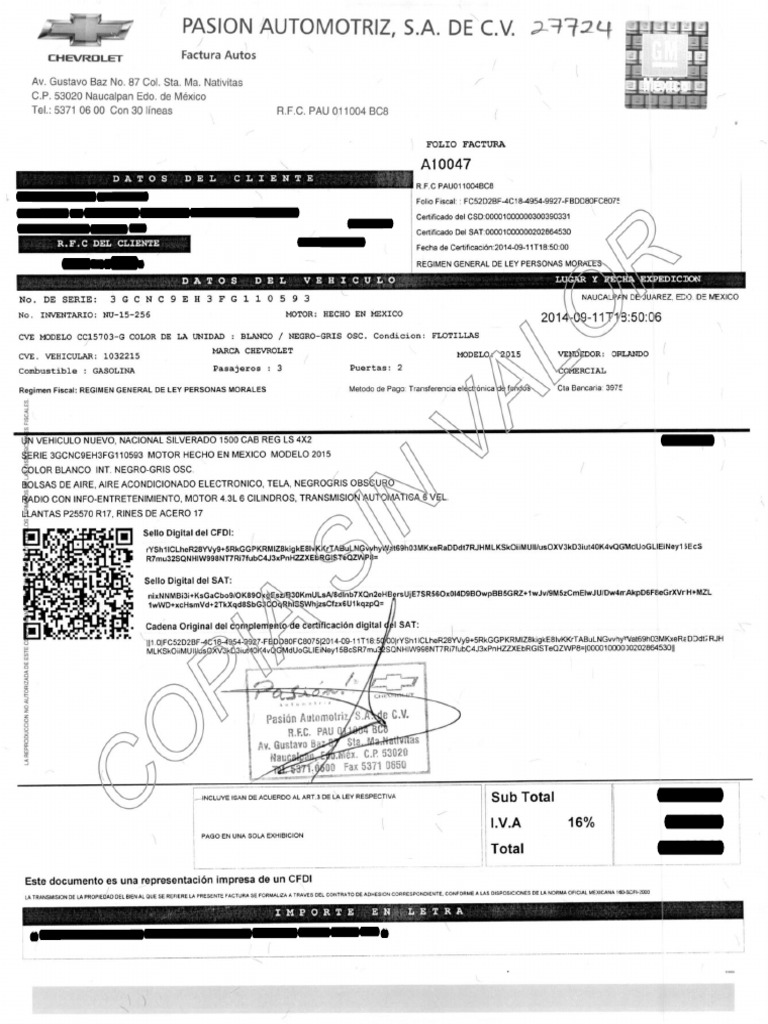 Factura de venta de un vehículo Chevrolet Silverado modelo 2015 por