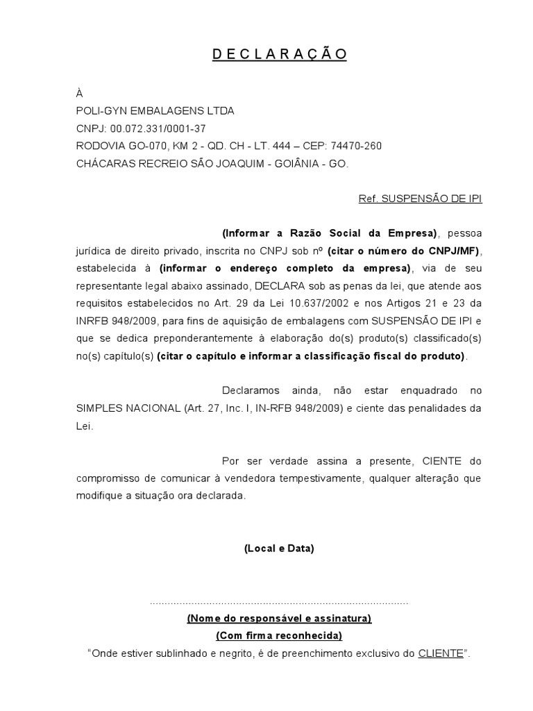 Declaração de Suspensão de IPI | PDF