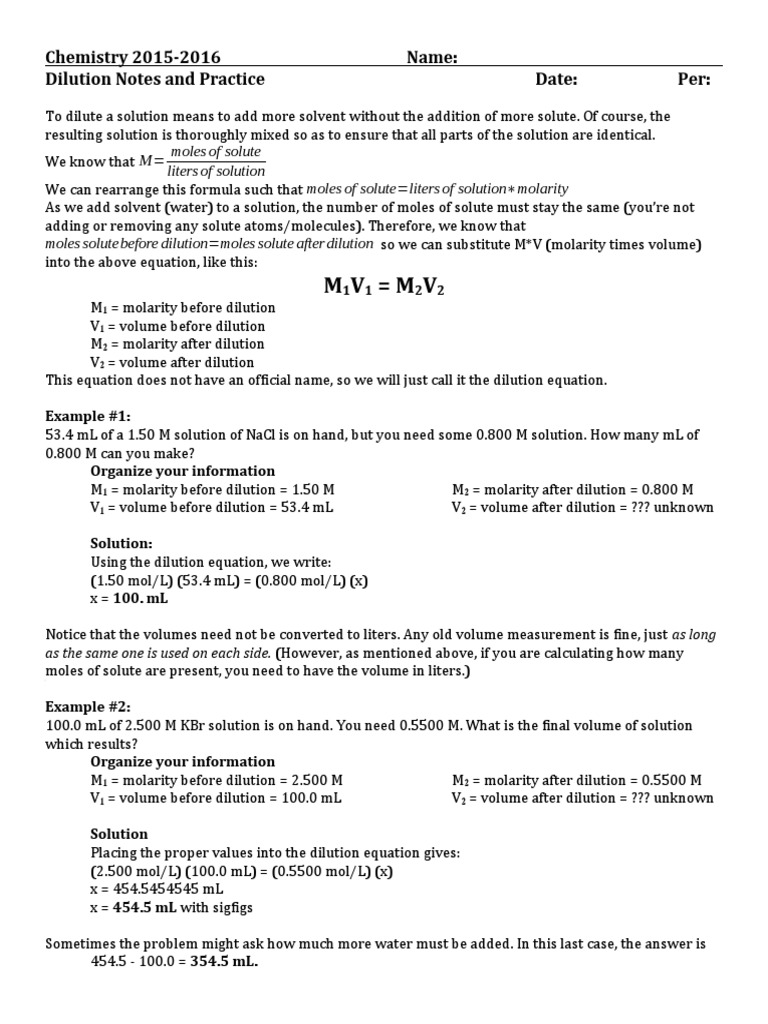 Dilution Calculations Examples and Practice Problems for Diluting