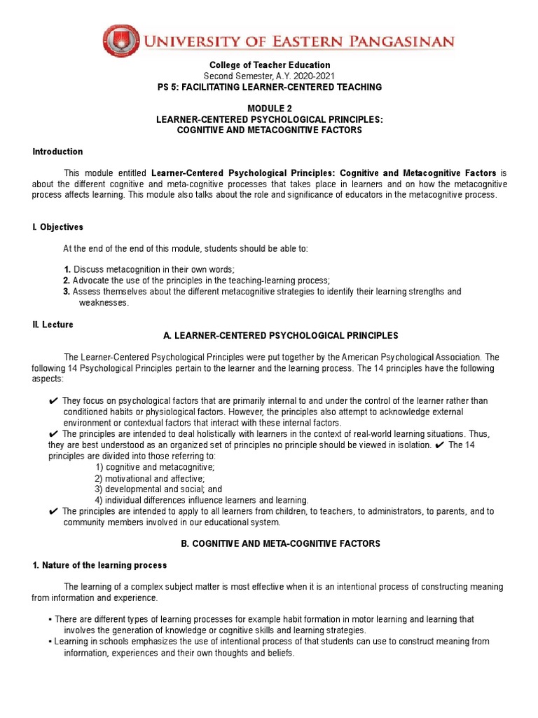 Learner-Centered Teaching Principles | PDF | Learning | Metacognition