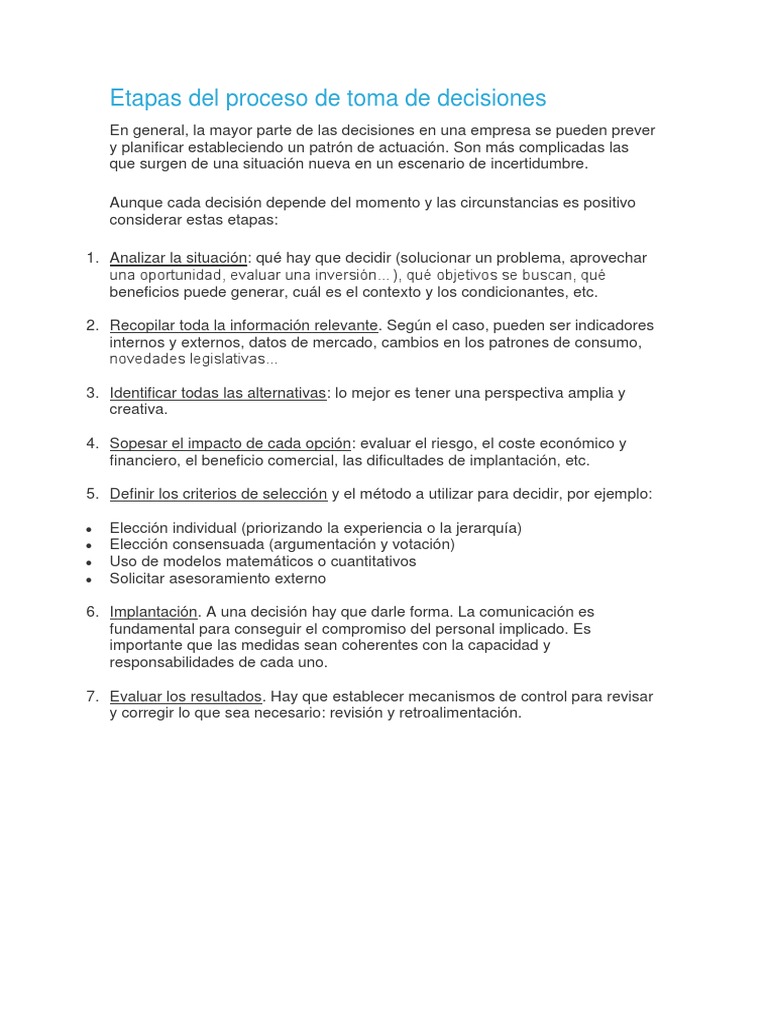 Etapas del Proceso de Toma de Decisiones | PDF