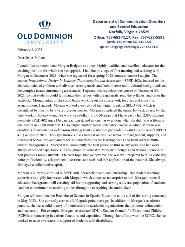Letter of Recommendation 4 | PDF | Special Education | Teachers