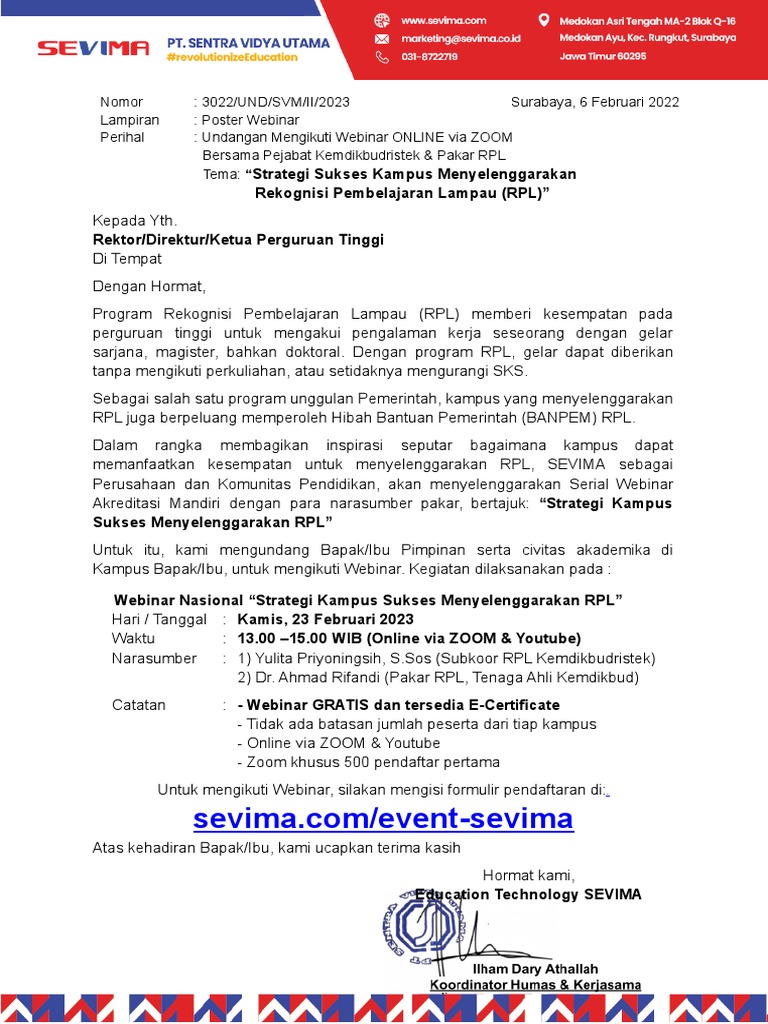 Undangan Webinar RPL oleh SEVIMA | PDF