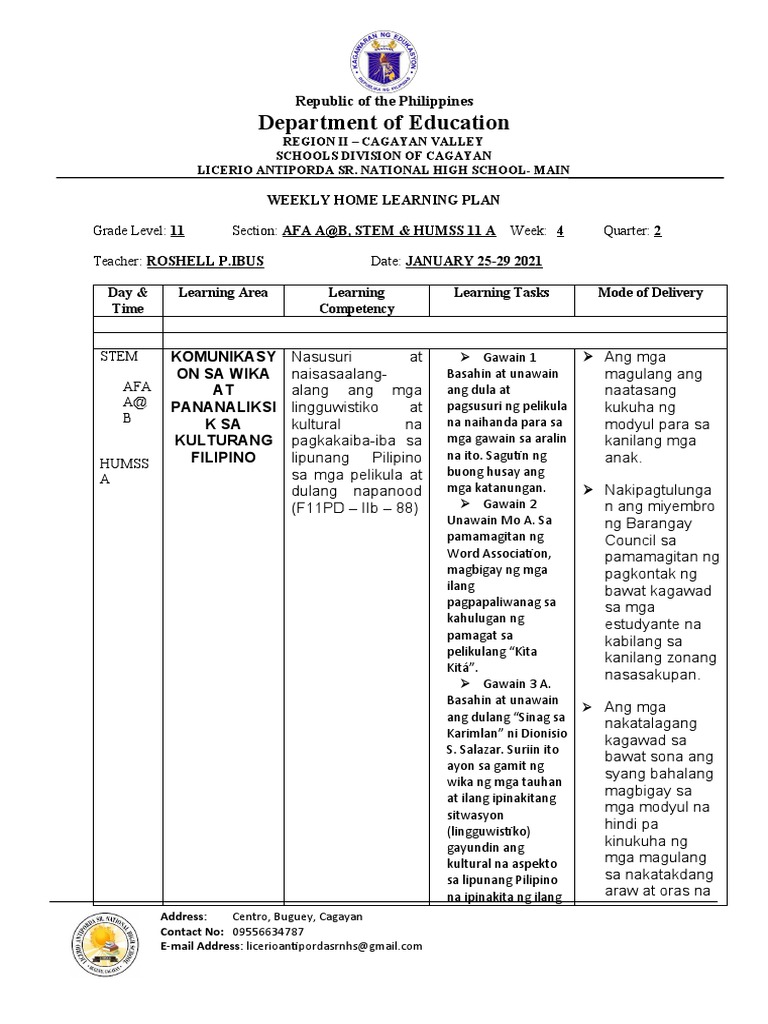 Weekly Home Learning Plan 4 | PDF