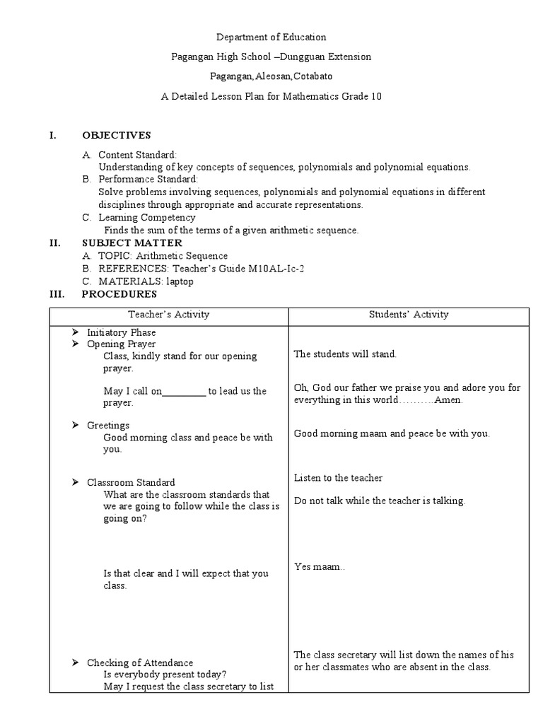 Grade 10 Math Lesson Plan: Sequences | PDF | Lesson Plan | Teachers