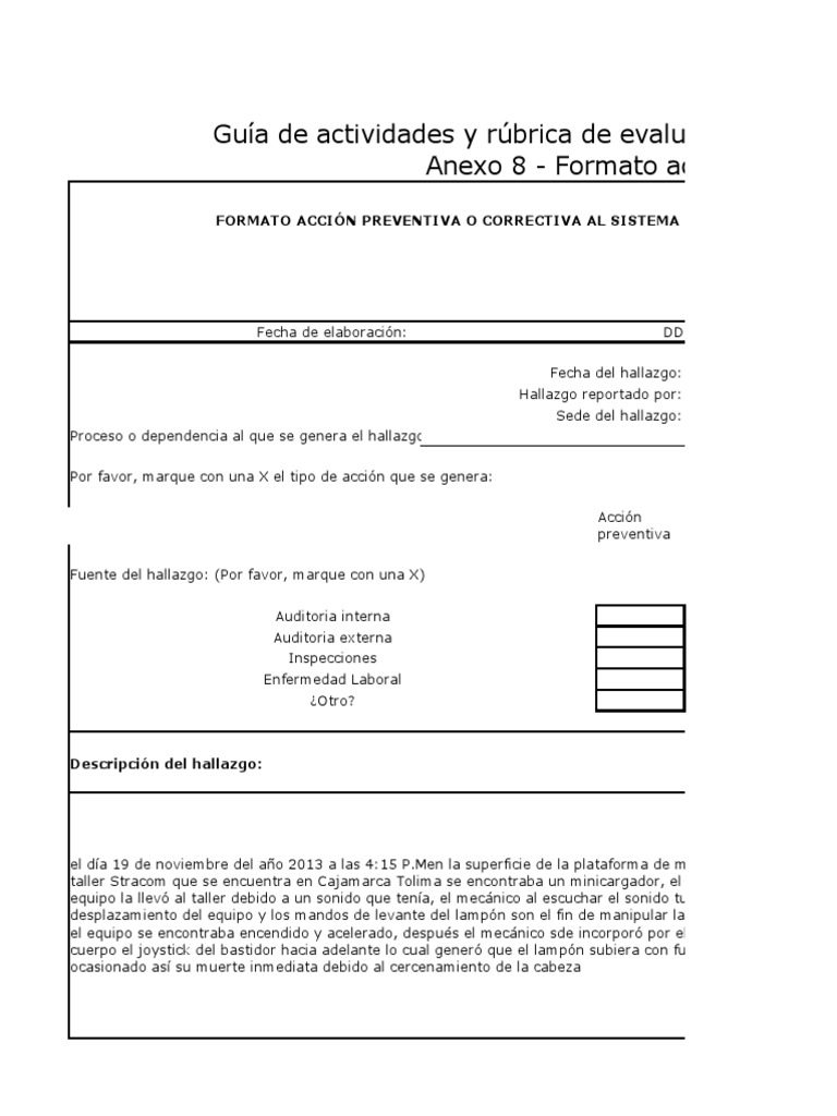 Anexo 8 - Formato Acción Preventiva o Correctiva-1 | PDF