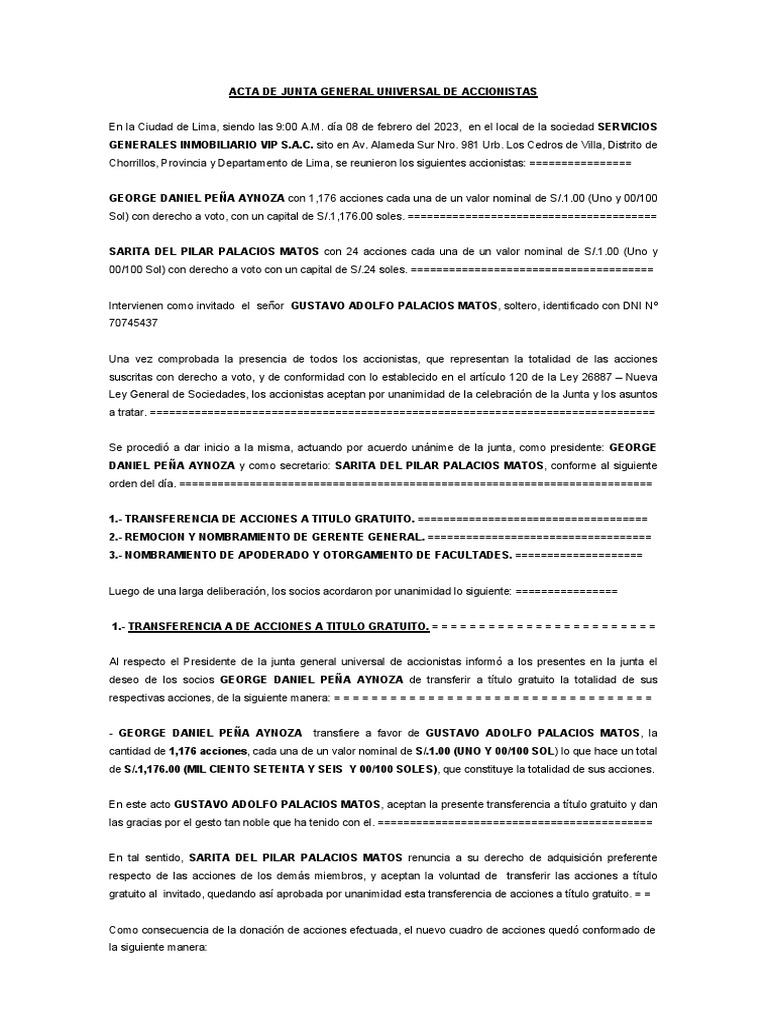 ACTA DE JUNTA GENERAL UNIVERSAL DE ACCIONISTAS 2023 Jericko | PDF ...