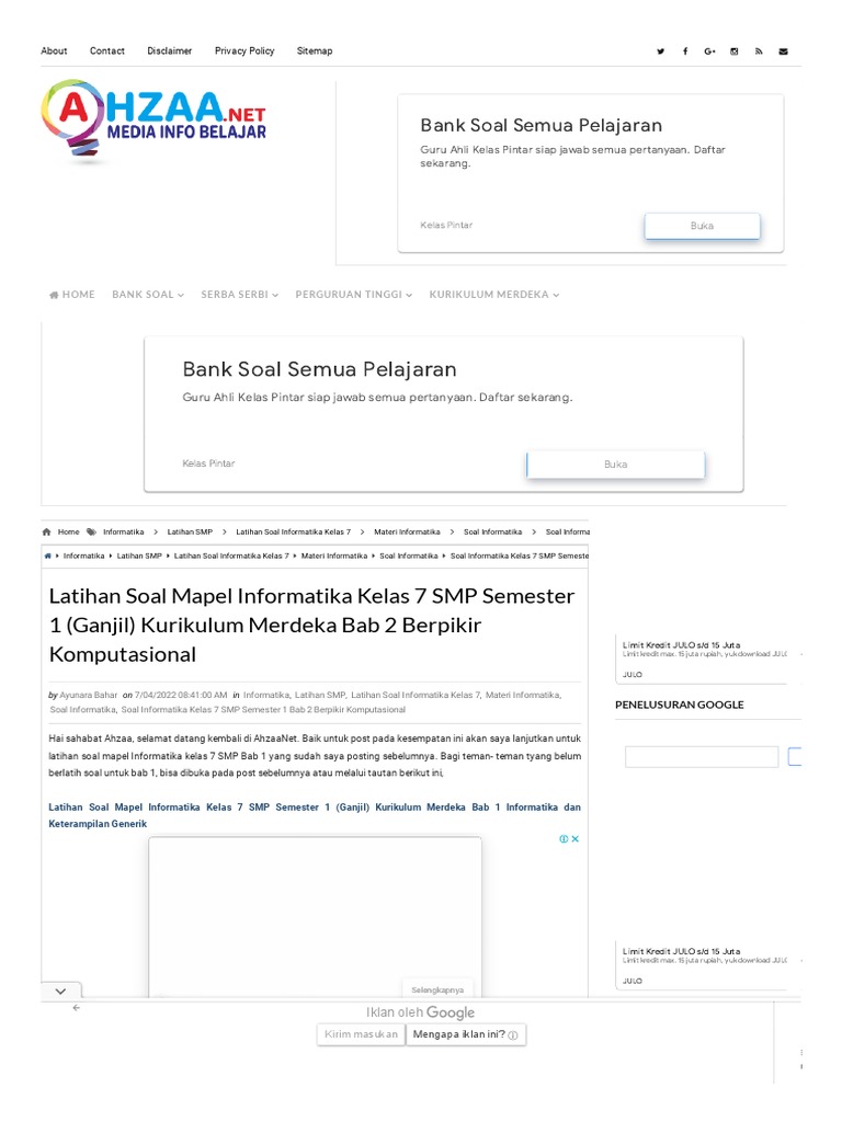 Latihan Soal Mapel Informatika Kelas 7 SMP Semester 1 (Ganjil ...