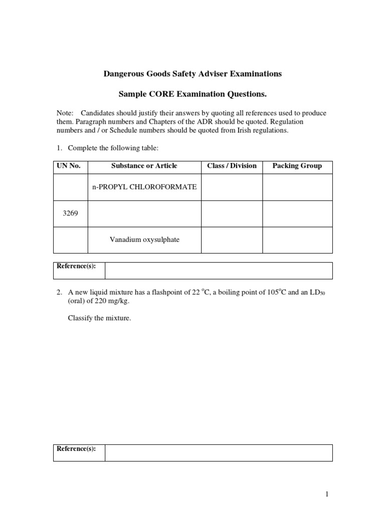 Dangerous Goods Safety Adviser Examinations Sample CORE Examination