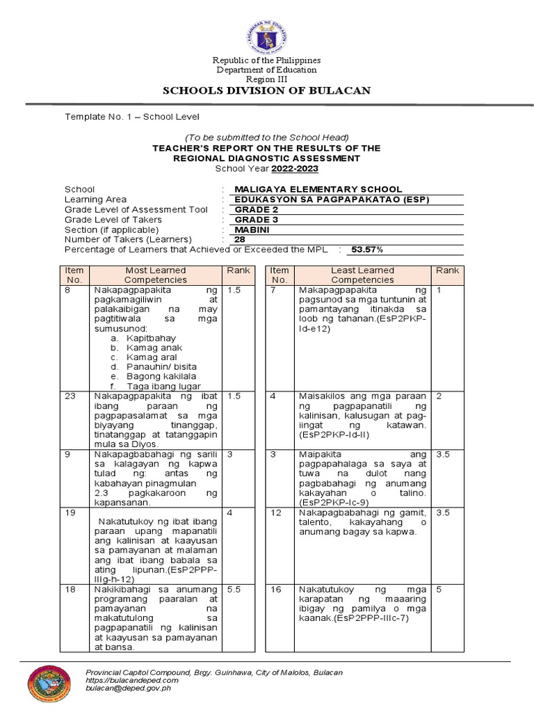 Diagnostic Assessment EsP Grade 3 | PDF