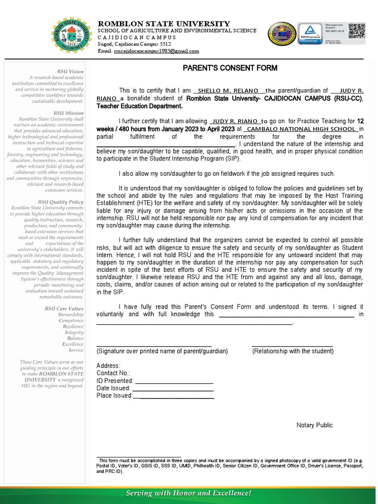 Parental Consent for Internship at Cambalo HS | PDF | Government
