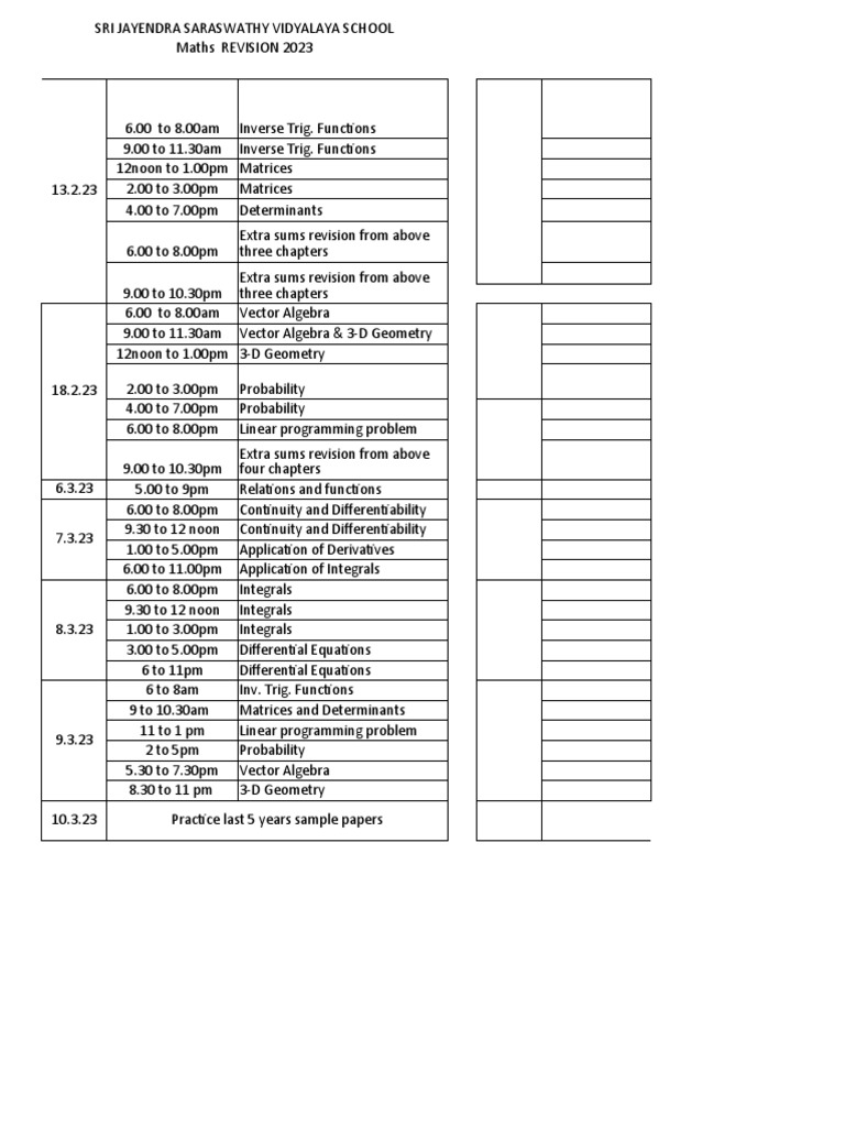 Maths Revision Schedule 2023 | PDF | Teaching Methods & Materials
