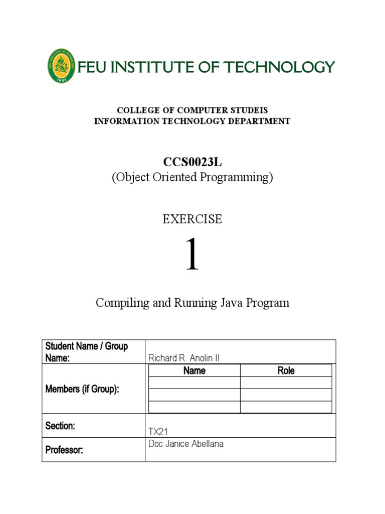Lab - Exp - 1 (Compiling and Running Java Program) | PDF | Computer ...
