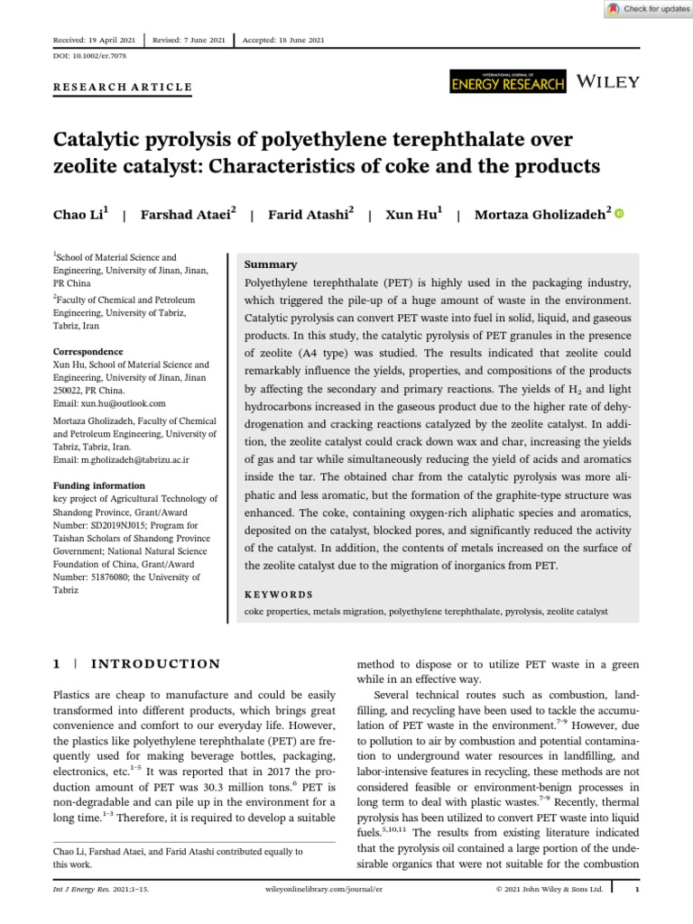 Catalytic Pyrolysis of Polyethylene Terephthalate Over | PDF ...