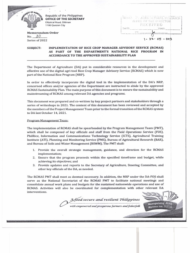 Implementation of Rice Crop Manager Advisory Service (RCMAS) As Part of Implementation of Rice Crop Manager Advisory Service (RCMAS) As Part of