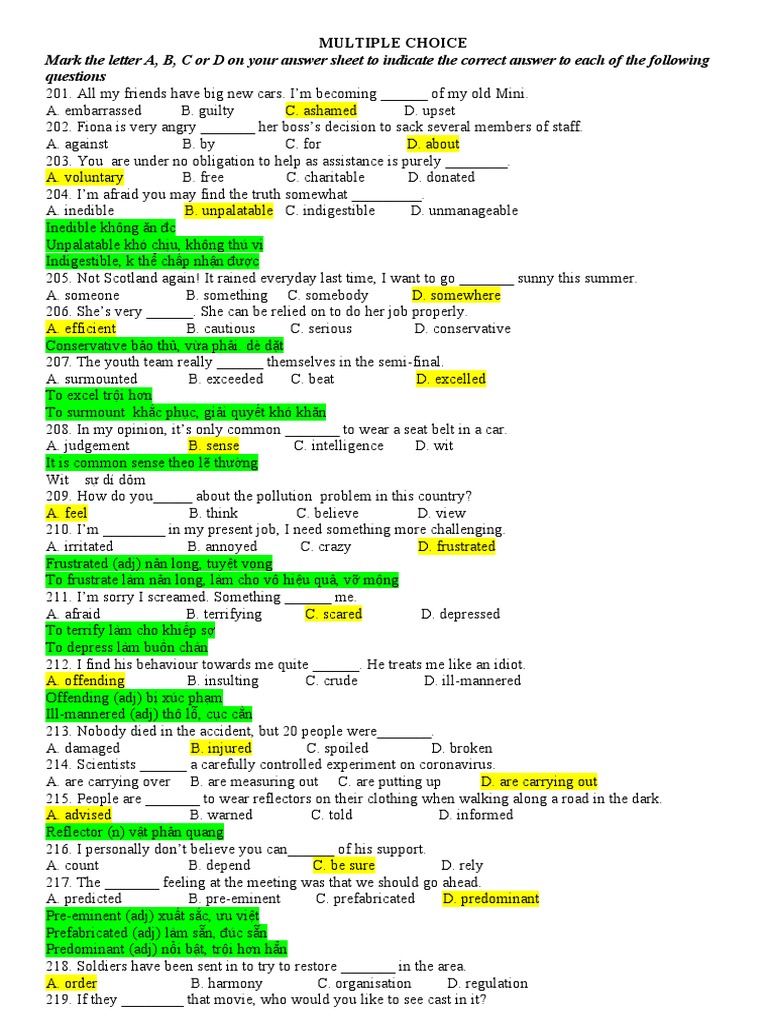 English Multiple Choice Practice Test | PDF | Vietnam