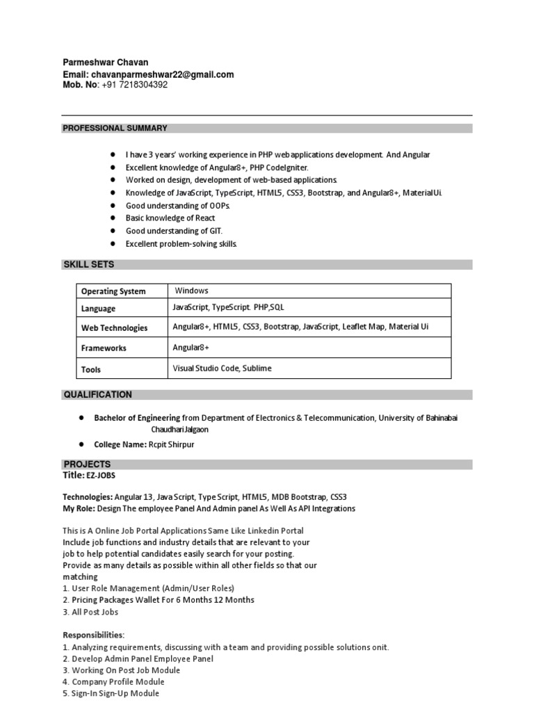 PHP & Angular Developer Resume | PDF | Java Script | Cryptocurrency