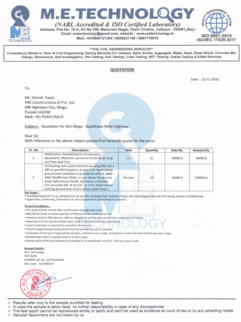 Quotation For Plate Load Test | PDF