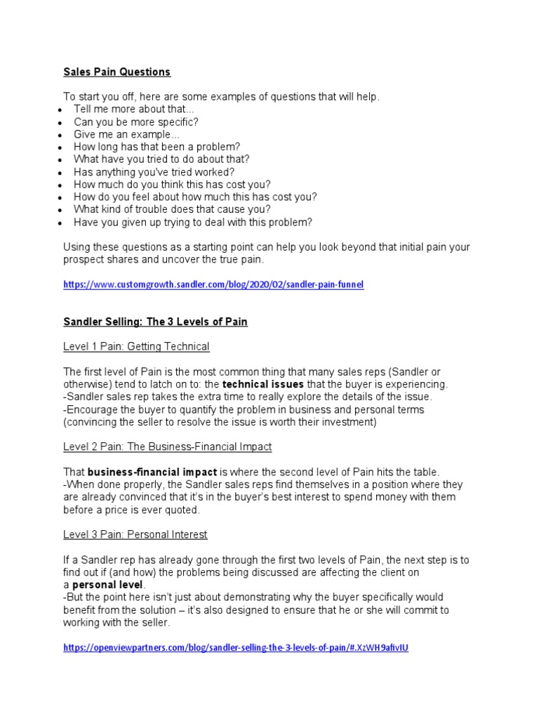 Sandler Pain Funnel Question Guide | PDF | Business | Self-Improvement