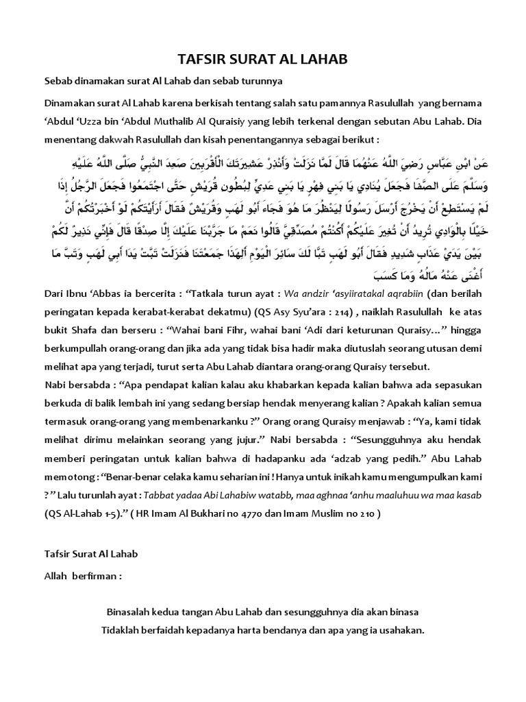 Tafsir Surat Al Lahab: Penentangan Abu Lahab | PDF