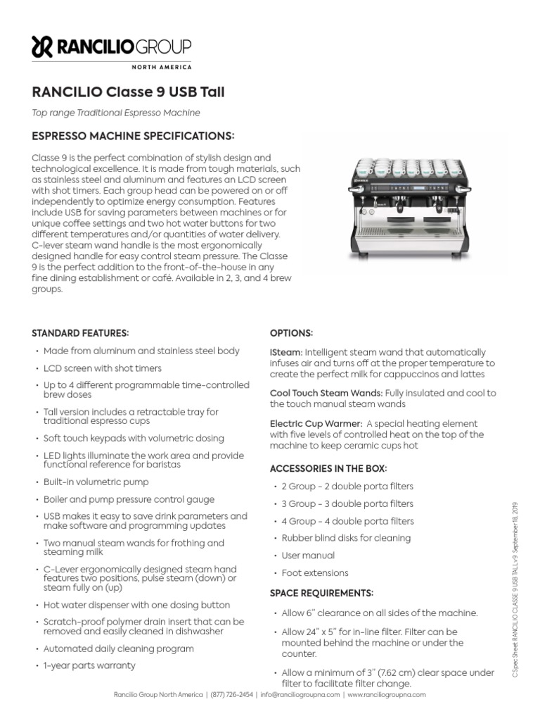 C Spec Sheet RANCILIO CLASSE 9 USB TALL v9 | PDF | Manufactured Goods