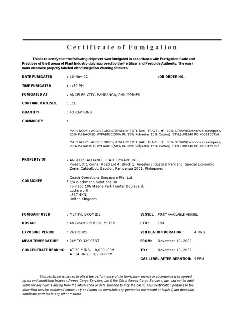 Draft Fumigation Certificate - SK226483001 | PDF