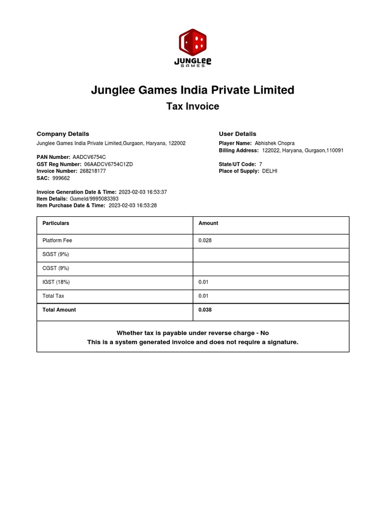Junglee Games Invoice Summary | PDF