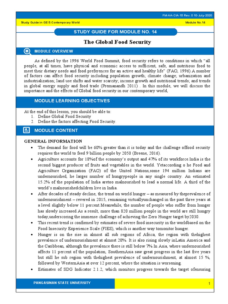 Tcw Module 14 The Global Food Security Pdf Food Security Malnutrition