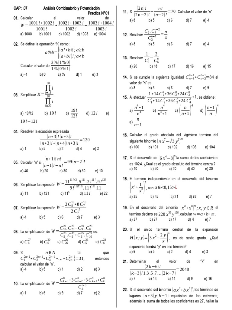 Ejercicios de Análisis Combinatorio y Potenciación | PDF | Matemáticas ...