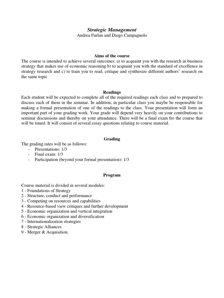 Strategic Management Course Syllabus | PDF | Strategic Management ...