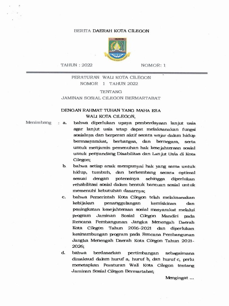 Jaminan Sosial Cilegon Bermartabat 2022 | PDF